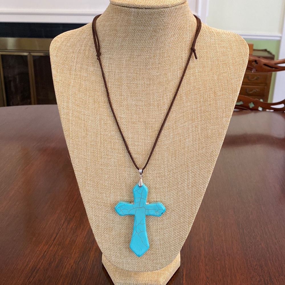 Turquoise Cross on Brown Suede Adjustable Cord Western Country Necklace